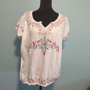 RXB White Embroidered Boho Top with Pink and Teal Accents